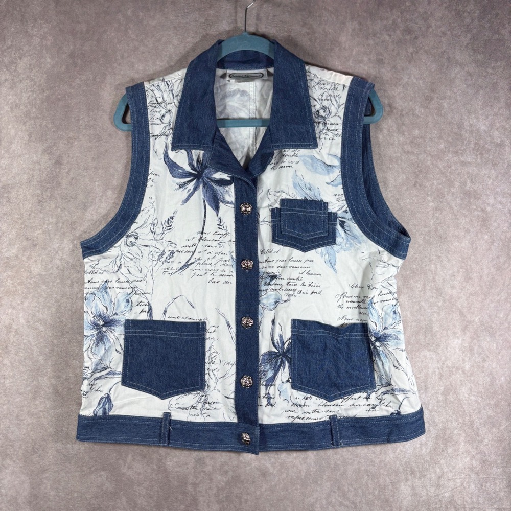 Saint Germain Vest Womens L Blue Floral Script Denim Button Up Art To Wear USA